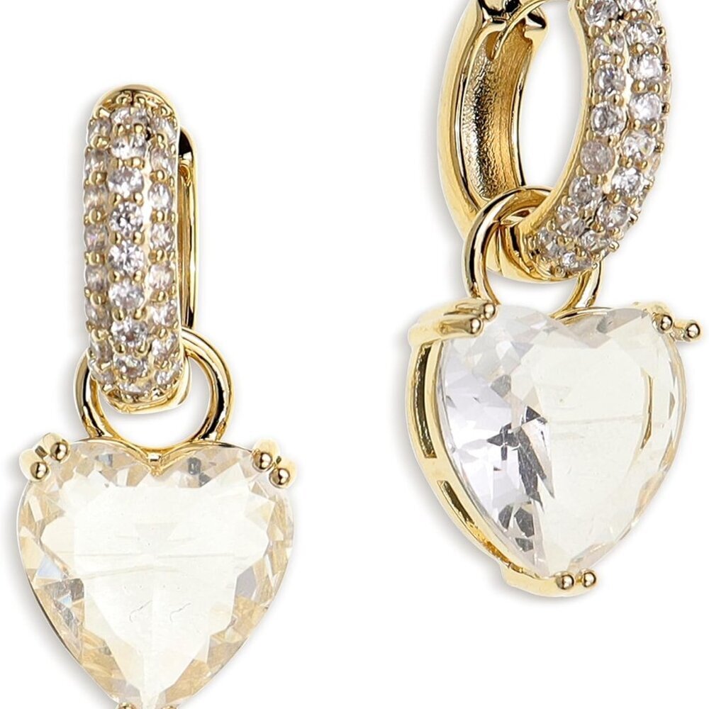 White stainless steel small heart dangle CZ hoop earrings with latch back